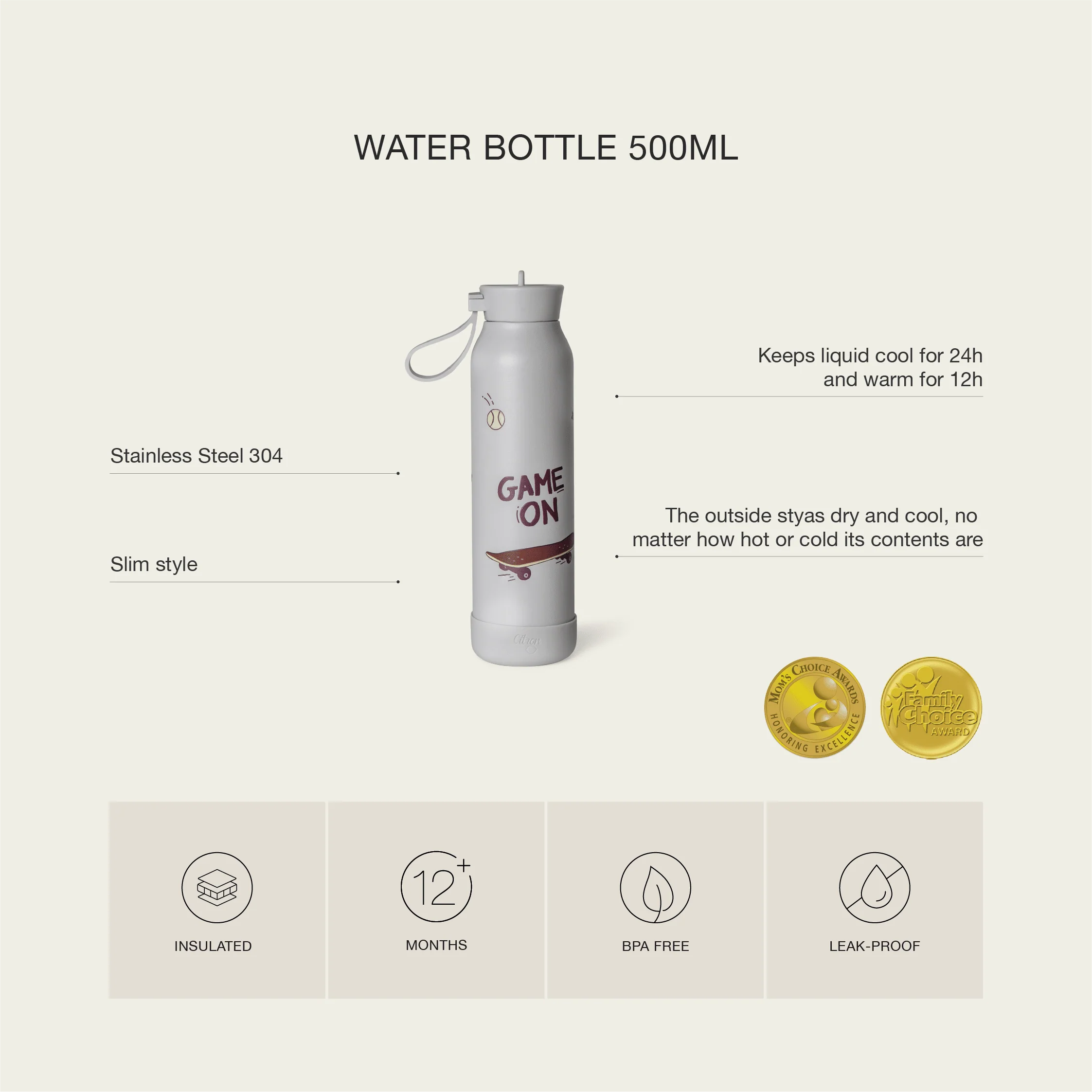 Citron Cool Kids Insulated Water Bottle 500ml