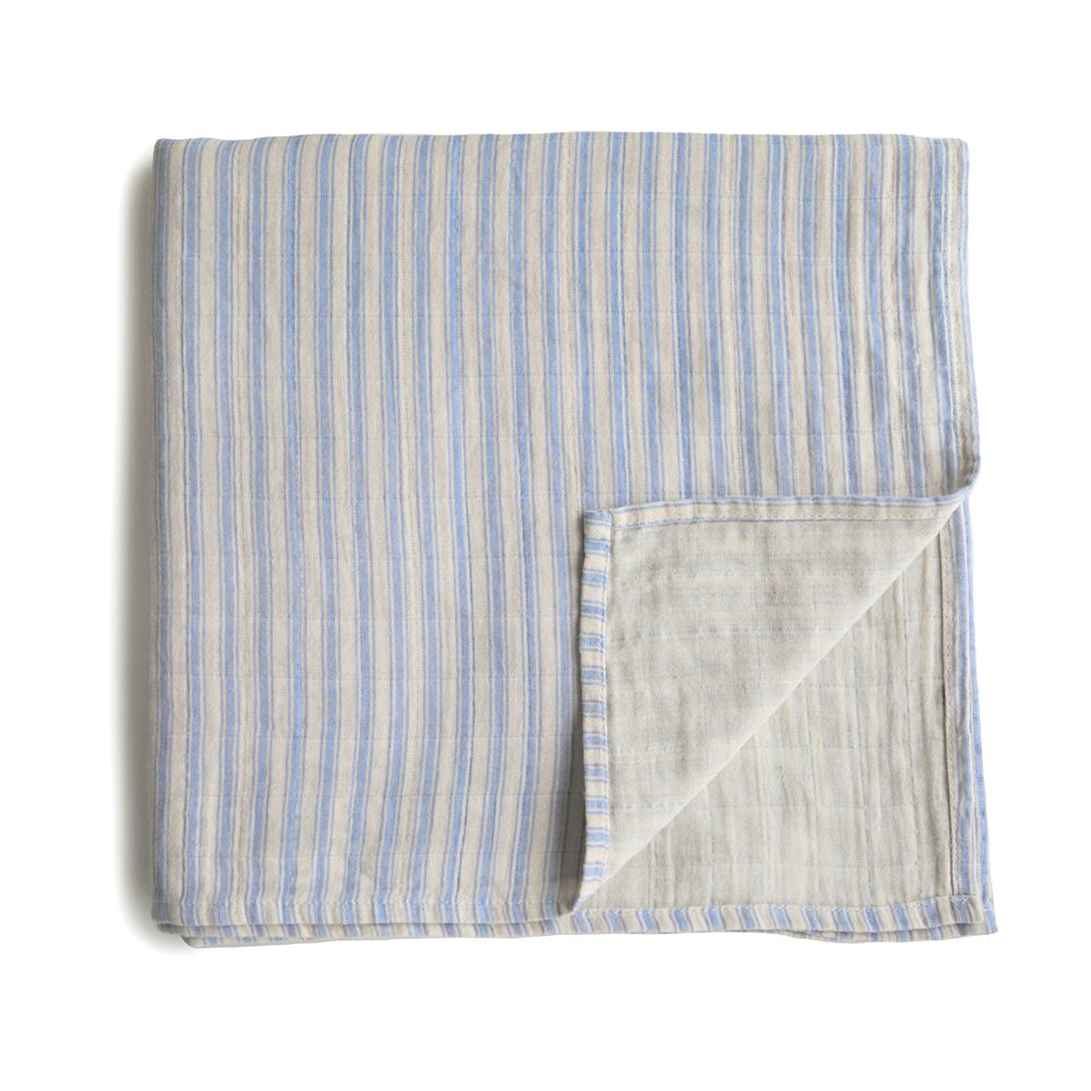 Mushie Organic Cotton Muslin Swaddle Blanket Blue Stripe